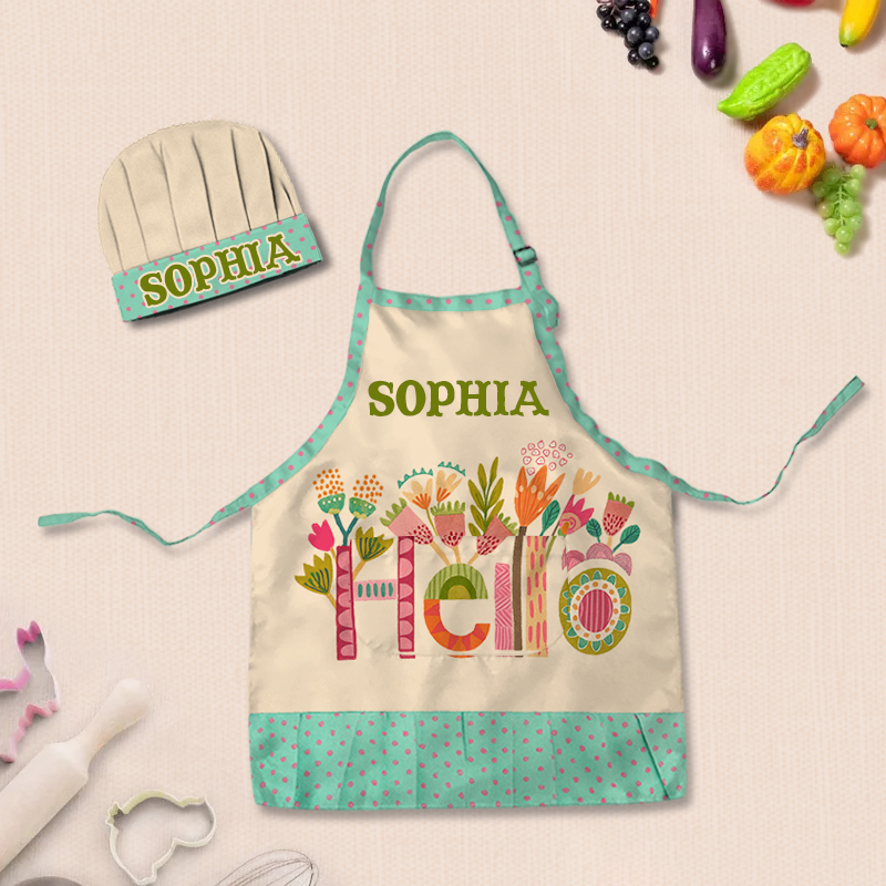 Personalized Floral Pattern Adjustable Kid Apron Chef Hat Set with Pocket and Name for Cooking Baking Birthday Holiday Gift for Kids