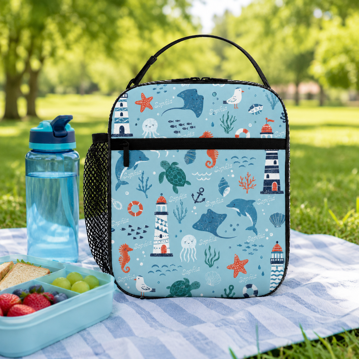 Personalized Under The Sea Ocean Shark Submarine Anchor Bubbles Blue Kids Insulated Back To School Lunch Bag