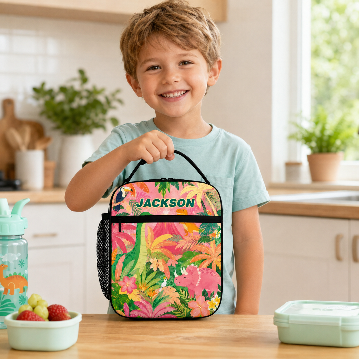 Personalized Tropical Jungle Palm Leaves Tiger Parrot Bright Colorful Kids Summer Vacation School Insulated Lunch Bag