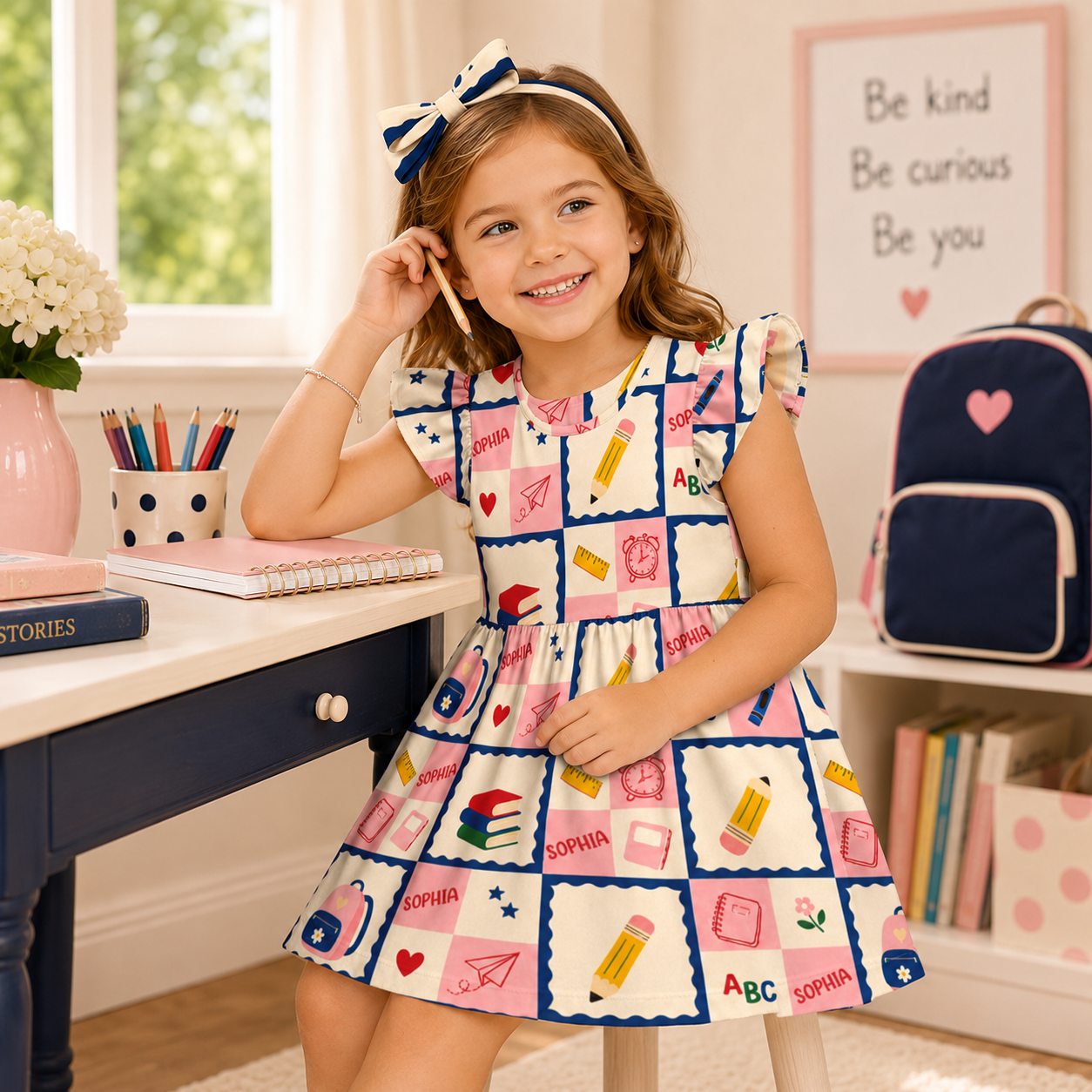 Personalized Back To School Classroom Icons Grid Crayons Books Bus Glue Apples Ruler Pastel Blocks Print Coquette Ruffle Dress