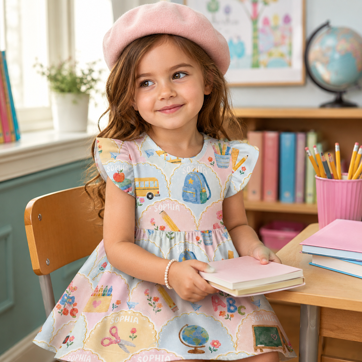 Personalized Whimsical Back To School Pastel Schoolhouses Buses Globes Books Crayons Classroom Print Coquette Ruffle Dress