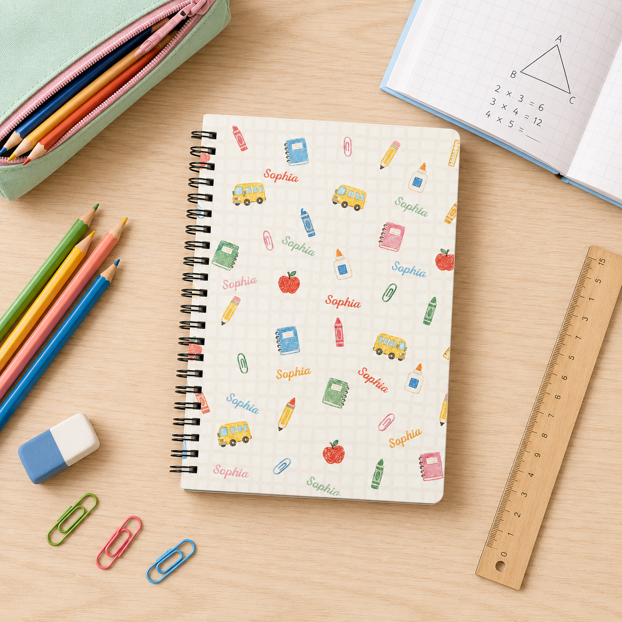 Personalized Pastel School Icons Doodles Pencils Books Apples Buses Stars Hearts Back To School Spiral Notebook