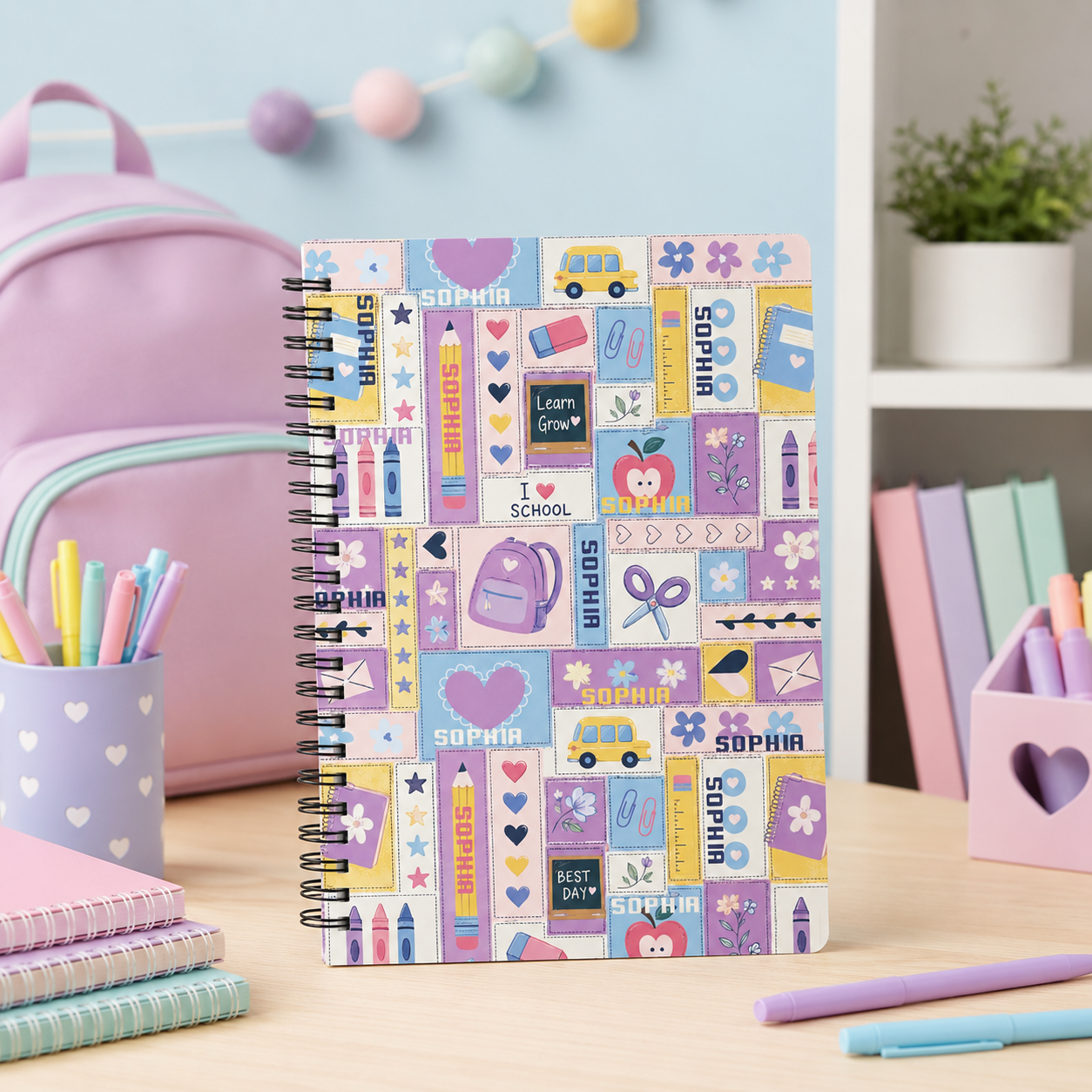 Personalized Colorful School Stickers Icons Pencils Books Apples Rainbows Back To School Kids Spiral Notebook