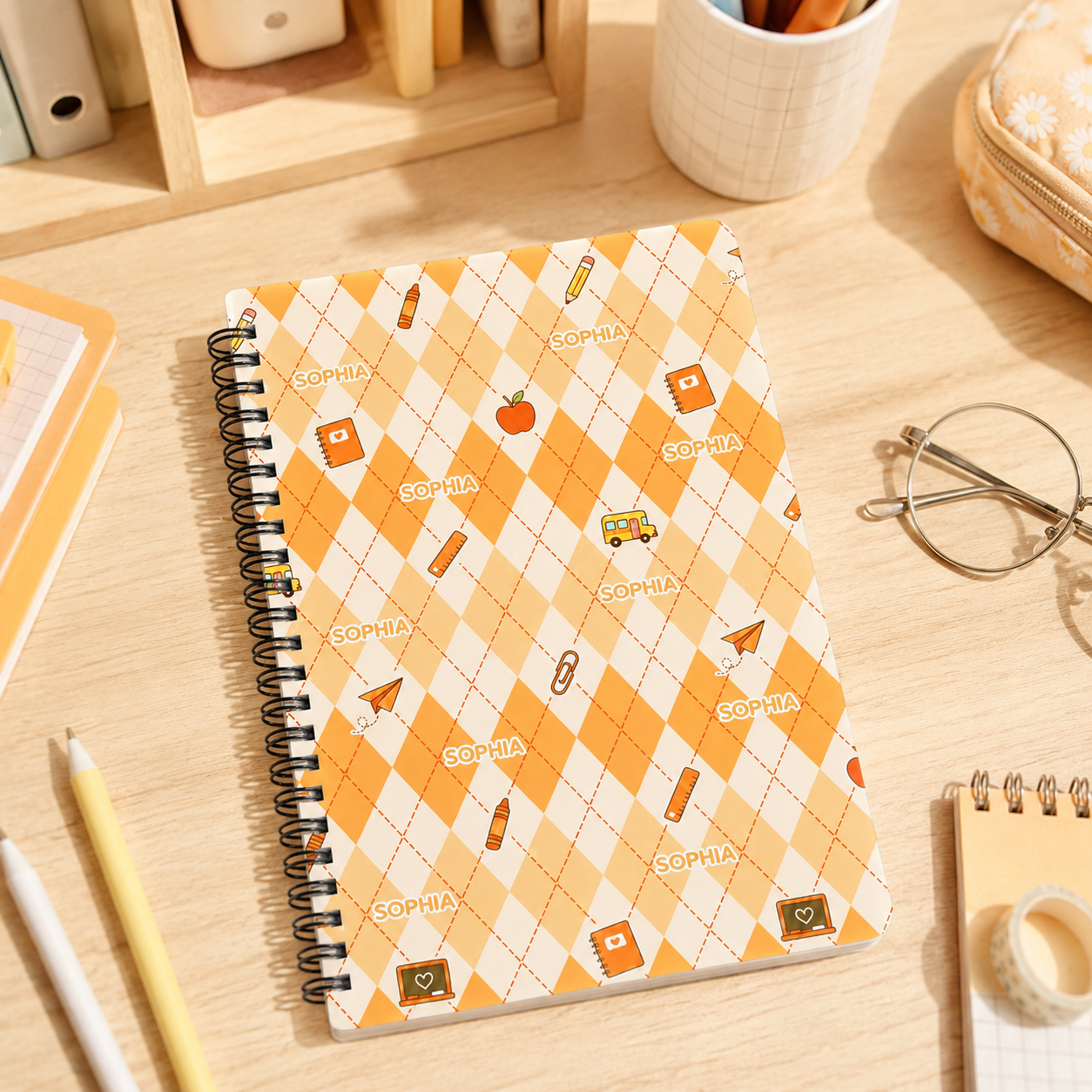 Personalized Pastel Argyle School Icons Pattern Pencils Books Apples Stars Hearts Back To School Spiral Notebook