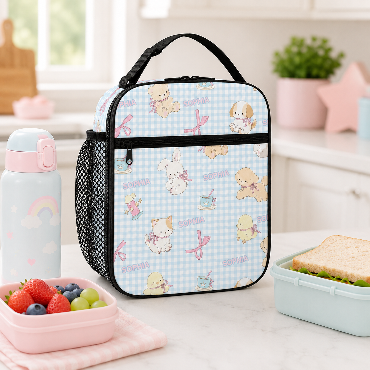 Personalized Pastel Ballerina Bunnies Rainbows Hearts Kids Name Cute Girly Pattern Nursery Style Insulated Lunch Bag