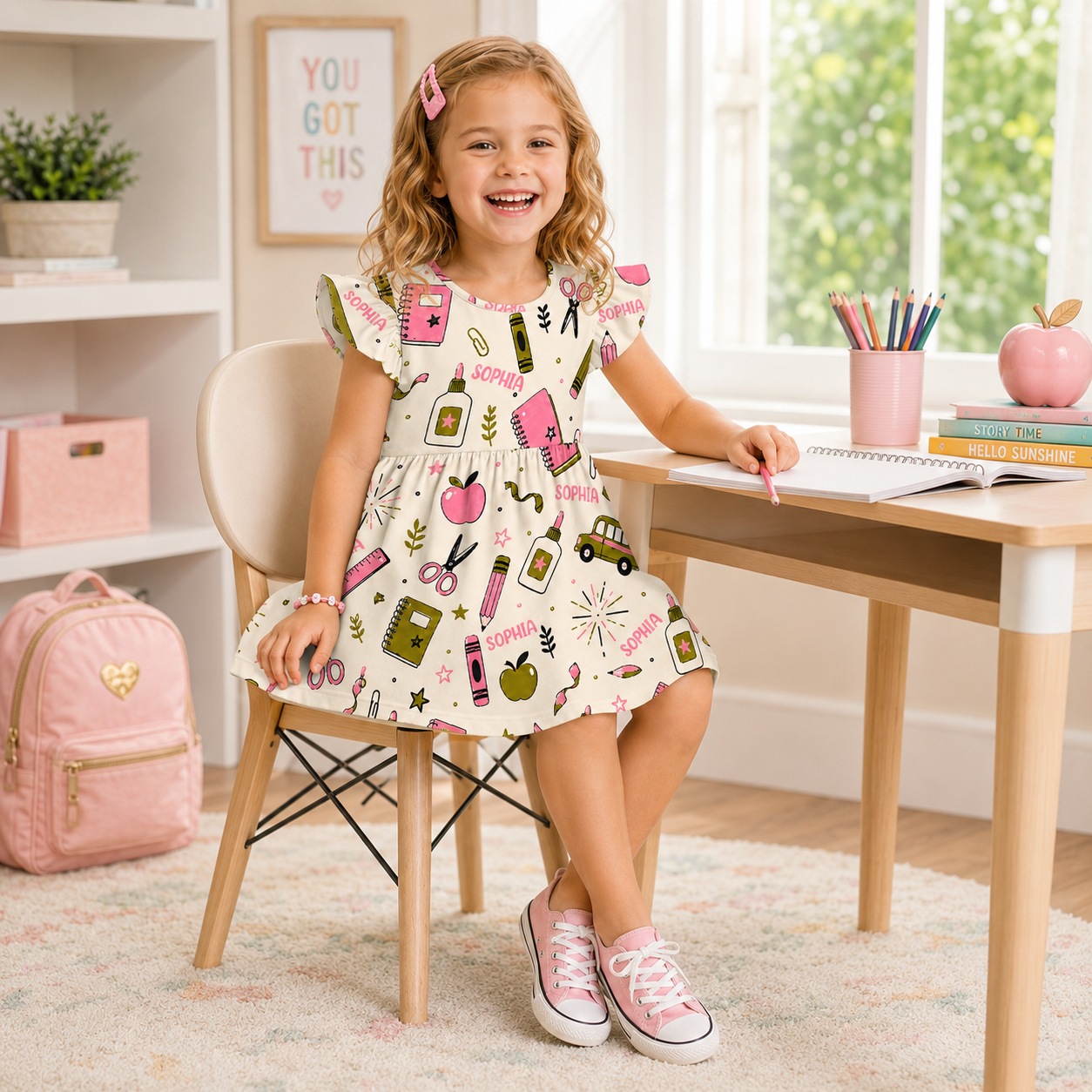 Personalized Back To School Classroom Buses Chalkboards Crayons Books Apples Teacher Student Print Coquette Ruffle Dress