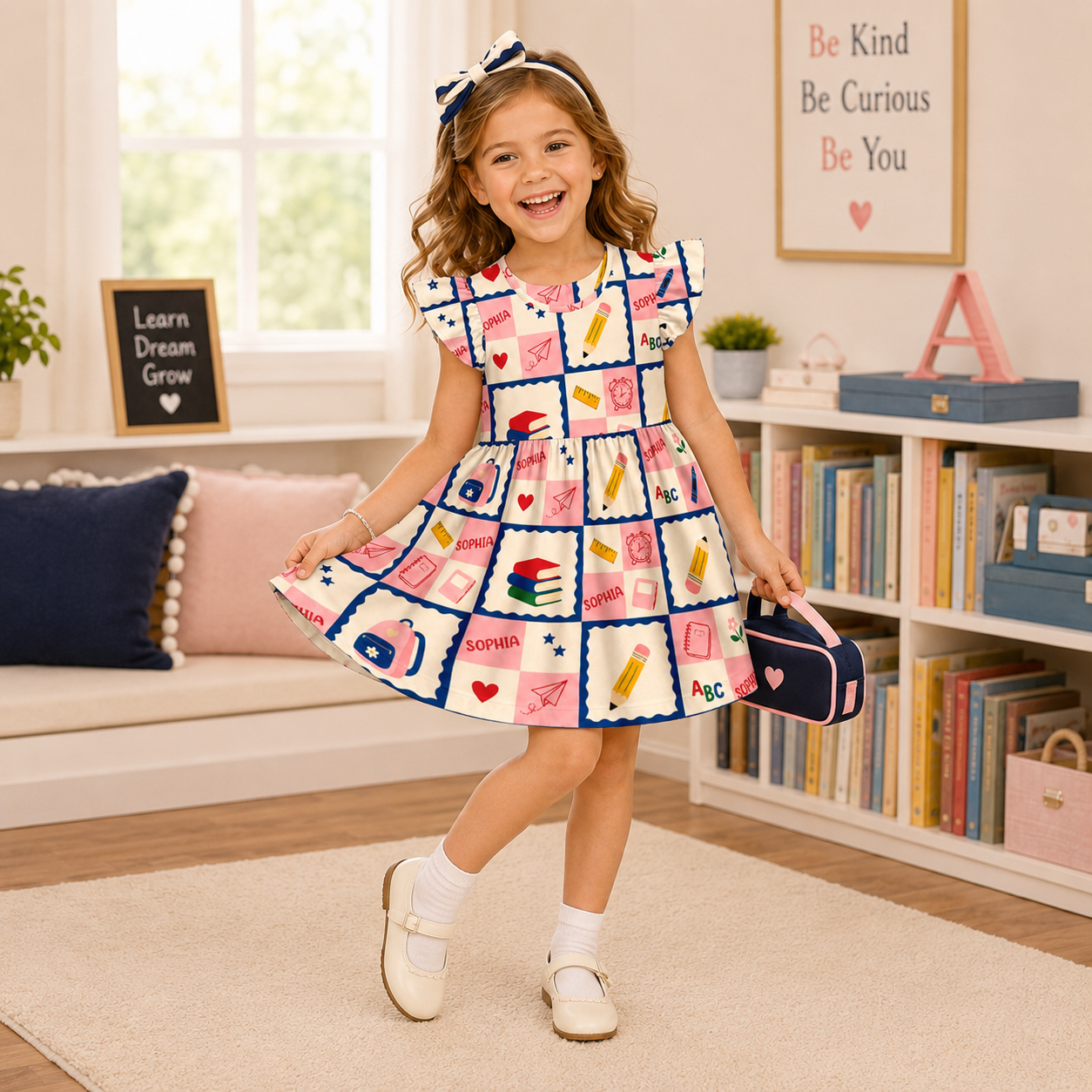 Personalized Back To School Classroom Icons Grid Crayons Books Bus Glue Apples Ruler Pastel Blocks Print Coquette Ruffle Dress