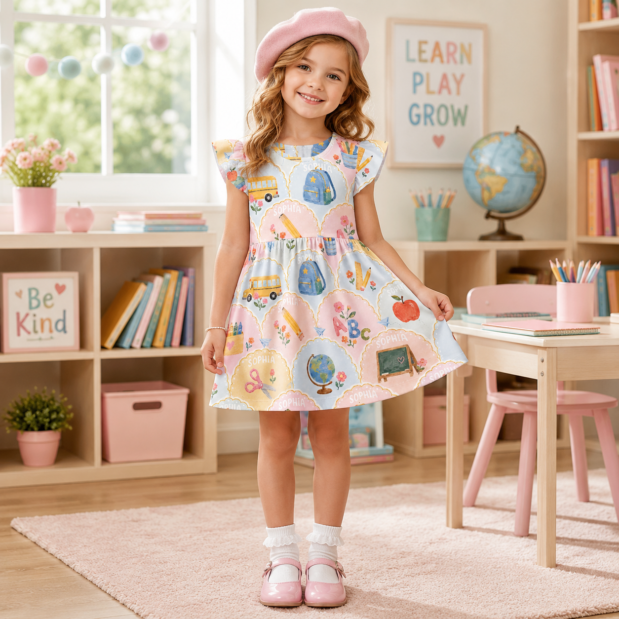 Personalized Whimsical Back To School Pastel Schoolhouses Buses Globes Books Crayons Classroom Print Coquette Ruffle Dress