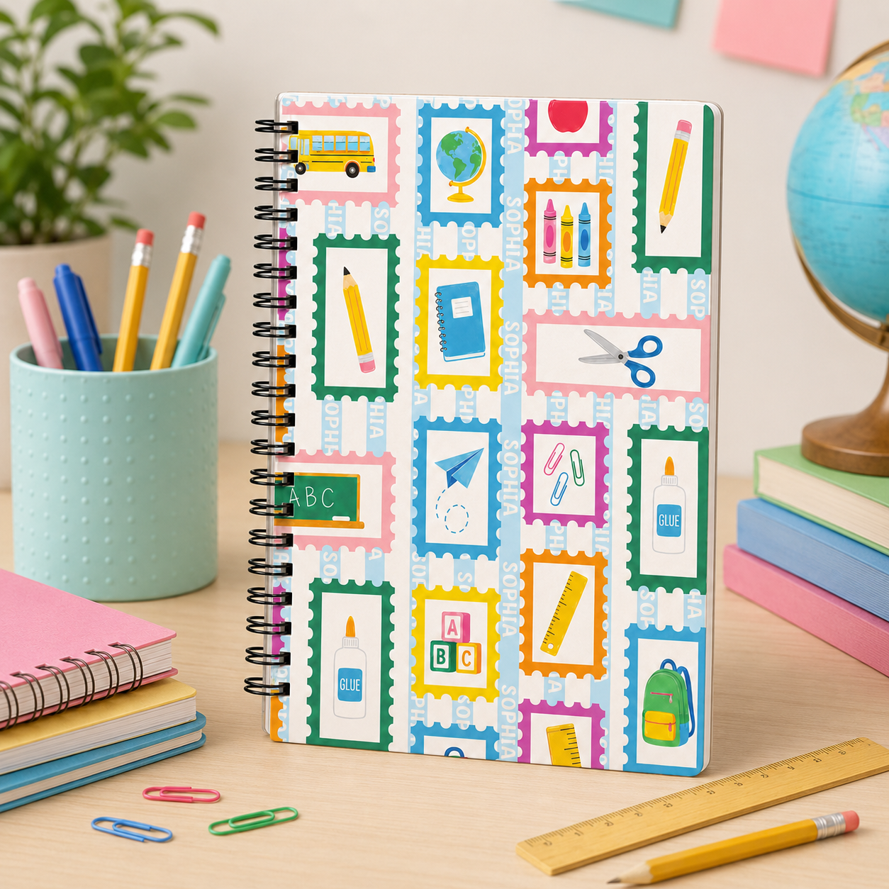 Personalized Colorful School Icons Pencils Books Apples Crayons Rainbow Back To School Kids Name Spiral Notebook
