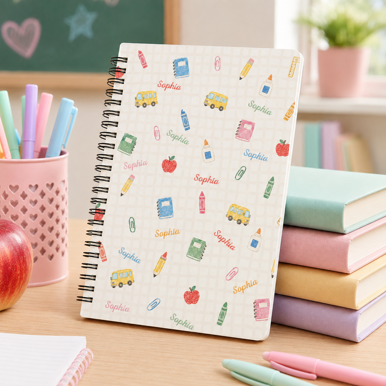 Personalized Pastel School Icons Doodles Pencils Books Apples Buses Stars Hearts Back To School Spiral Notebook