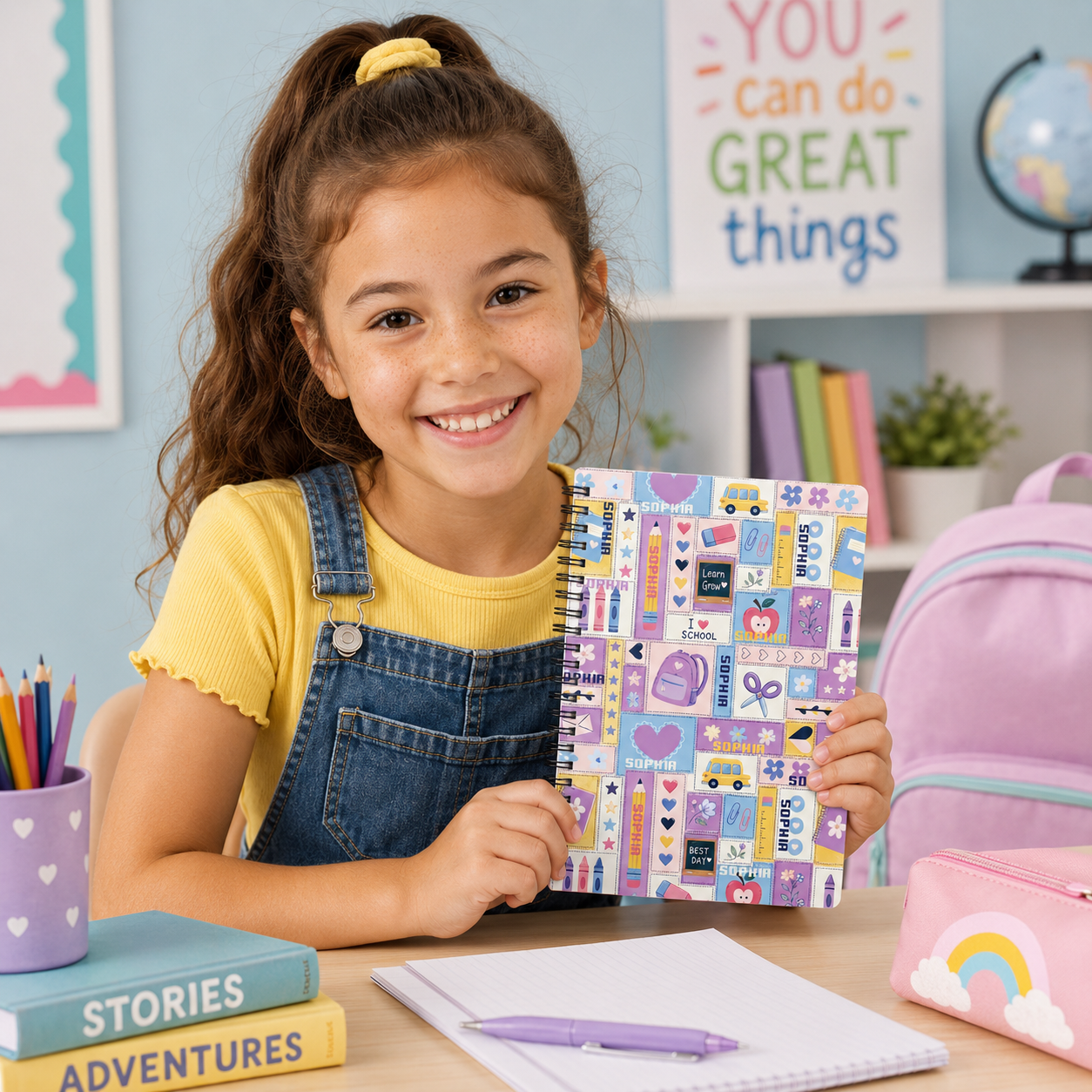 Personalized Colorful School Stickers Icons Pencils Books Apples Rainbows Back To School Kids Spiral Notebook