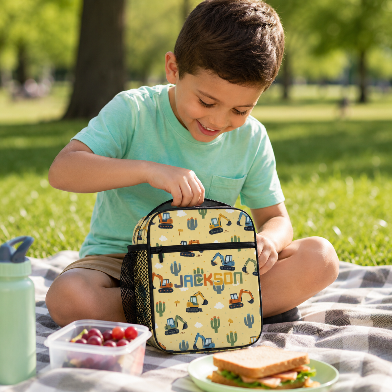 Personalized Cute Animal Friends Pastel Yellow Preschool Toddler Girl Back To School Insulated Reusable Snack Lunch Bag