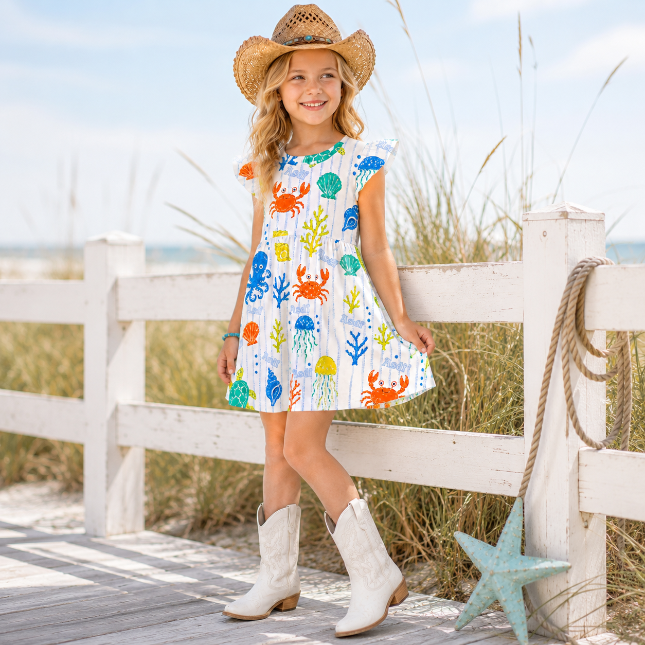 Personalized Colorful Sea Creature Print Beach Holiday Summer Outfit For Little Girls Coquette Ruffle Dress
