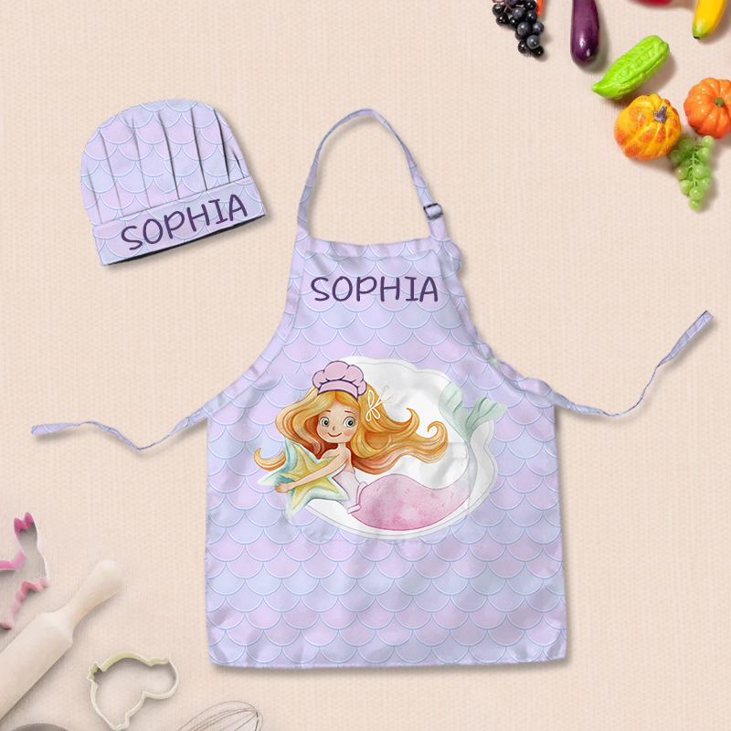 Personalized Ombre Mermaid Full Print Adjustable Kid Apron Chef Hat Set with Pocket and Name for Cooking Baking Birthday Holiday Gift for Kids