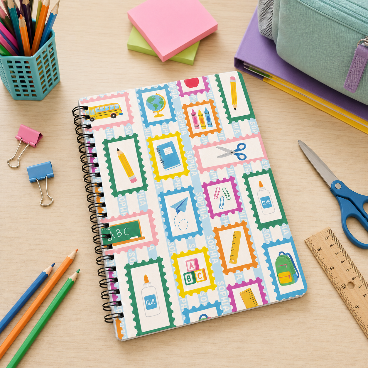 Personalized Colorful School Icons Pencils Books Apples Crayons Rainbow Back To School Kids Name Spiral Notebook