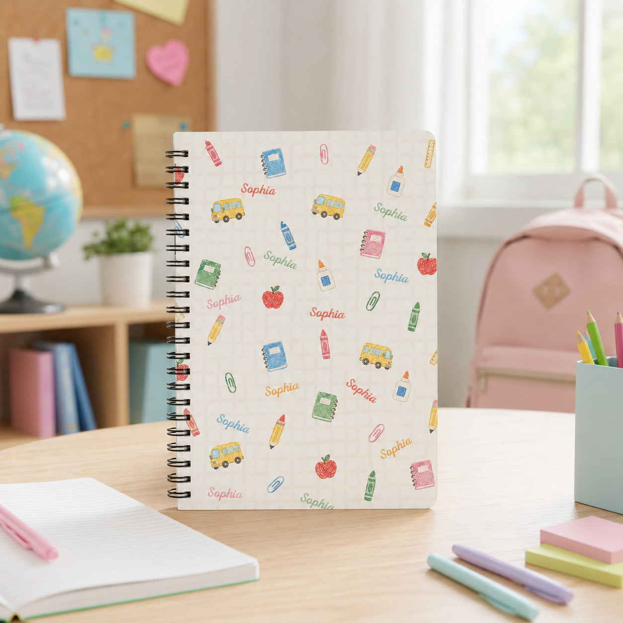 Personalized Pastel School Icons Doodles Pencils Books Apples Buses Stars Hearts Back To School Spiral Notebook