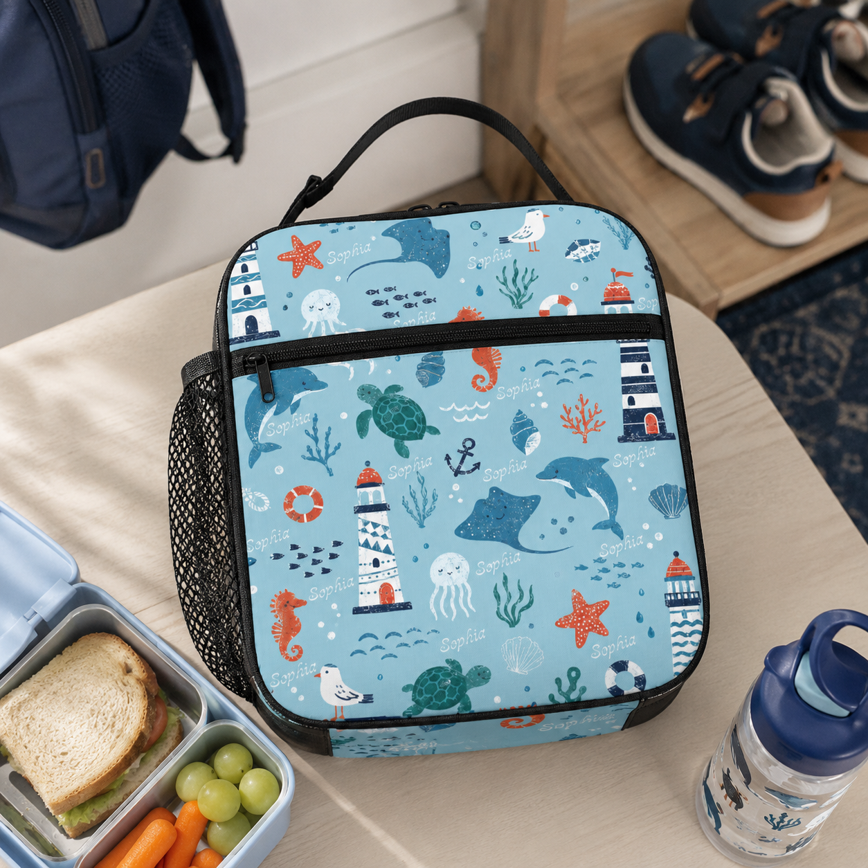Personalized Under The Sea Ocean Shark Submarine Anchor Bubbles Blue Kids Insulated Back To School Lunch Bag