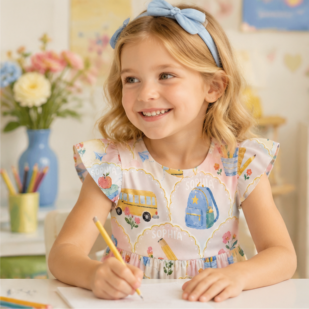 Personalized Whimsical Back To School Pastel Schoolhouses Buses Globes Books Crayons Classroom Print Coquette Ruffle Dress
