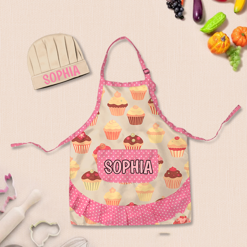Personalized Cupcake Polka Dot Patchwork Adjustable Kid Apron Chef Hat Set with Pocket and Name for Cooking Baking Birthday Holiday Gift for Kids