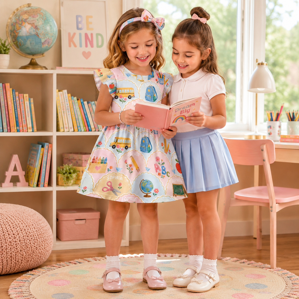 Personalized Whimsical Back To School Pastel Schoolhouses Buses Globes Books Crayons Classroom Print Coquette Ruffle Dress