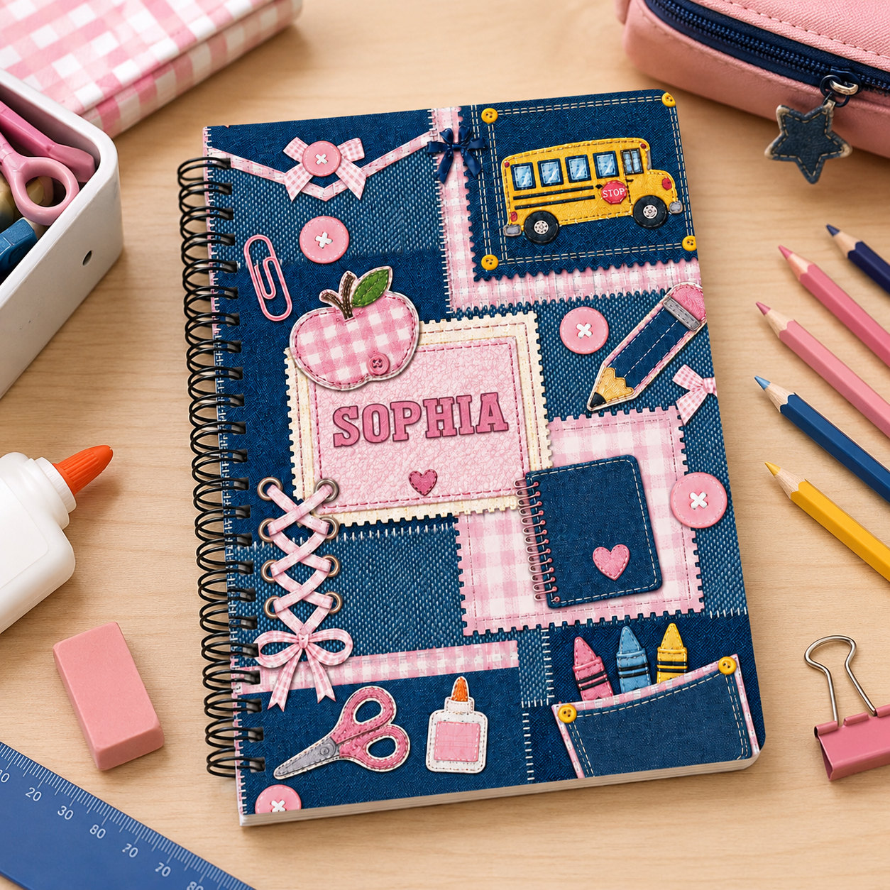 Personalized Denim Patchwork School Icons Pencils Bus Apple Hearts Sti