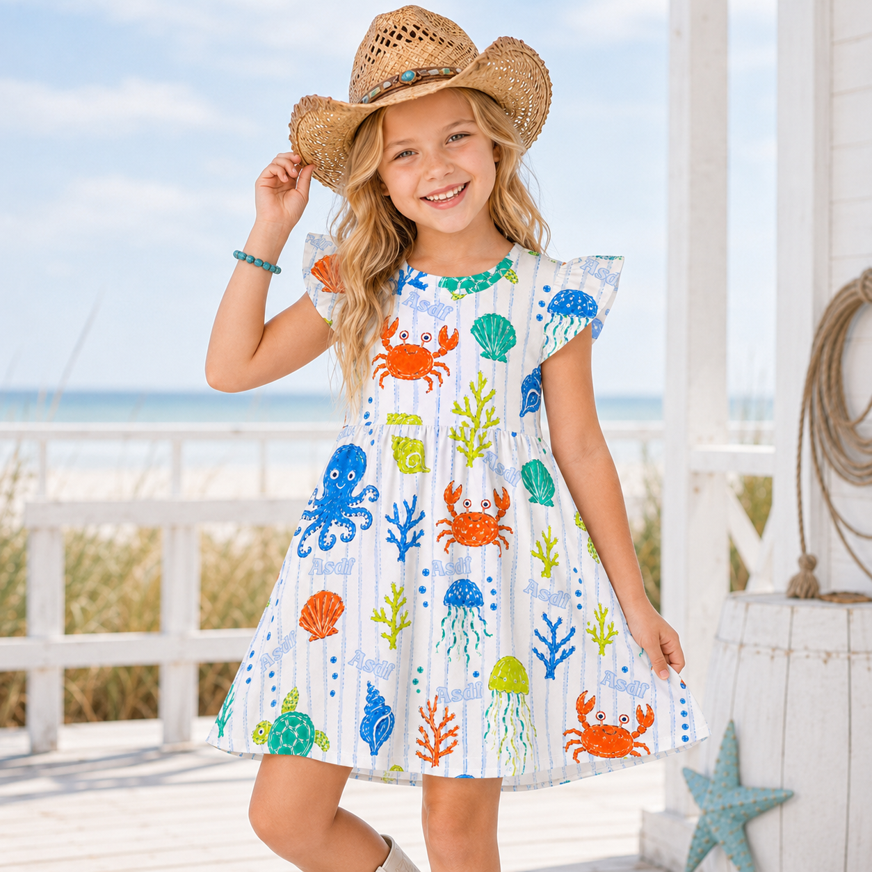 Personalized Colorful Sea Creature Print Beach Holiday Summer Outfit For Little Girls Coquette Ruffle Dress