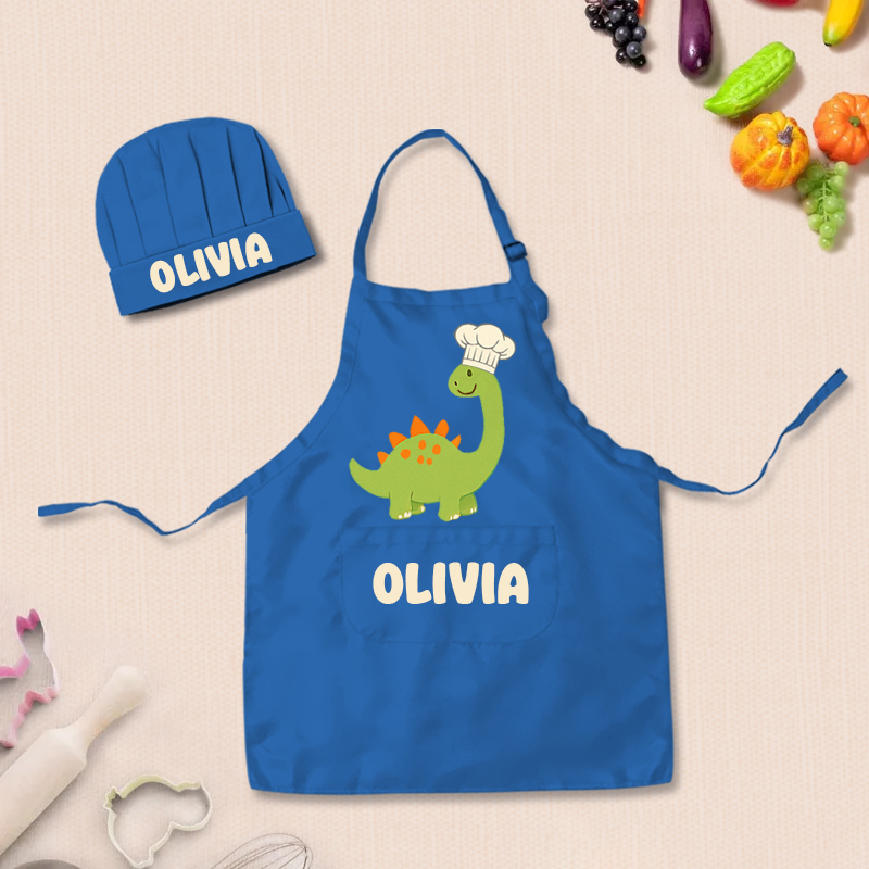 Personalized Cartoon Dinosaur Adjustable Kid Apron Chef Hat Set with Pocket and Name for Cooking Baking Birthday Holiday Gift for Kids