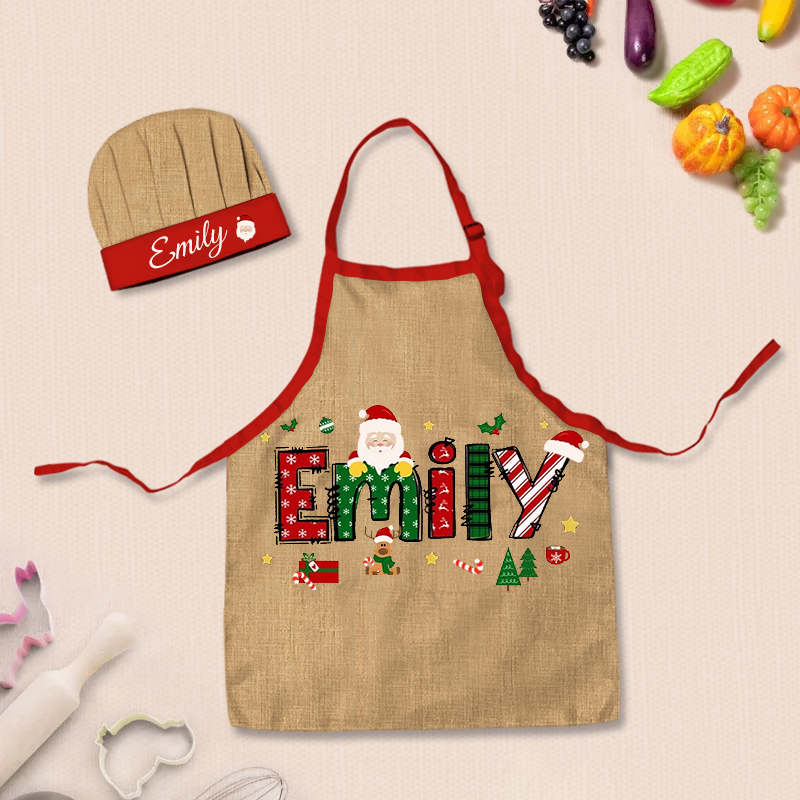 Personalized Christmas Adjustable Kid Apron Chef Hat Set with Pocket and Name for Cooking Baking Birthday Holiday Gift for Kids