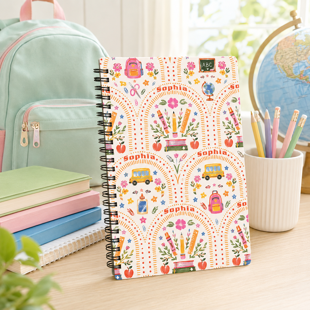 Personalized Boho Rainbow Flowers School Supplies Doodles Books Pencils Hearts Stars Back To School Spiral Notebook