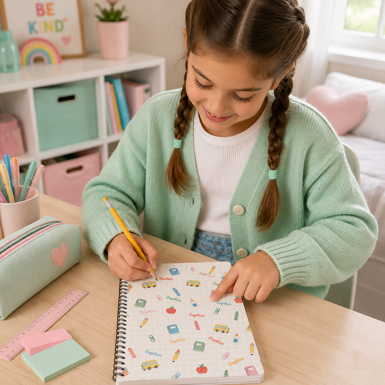 Personalized Pastel School Icons Doodles Pencils Books Apples Buses Stars Hearts Back To School Spiral Notebook