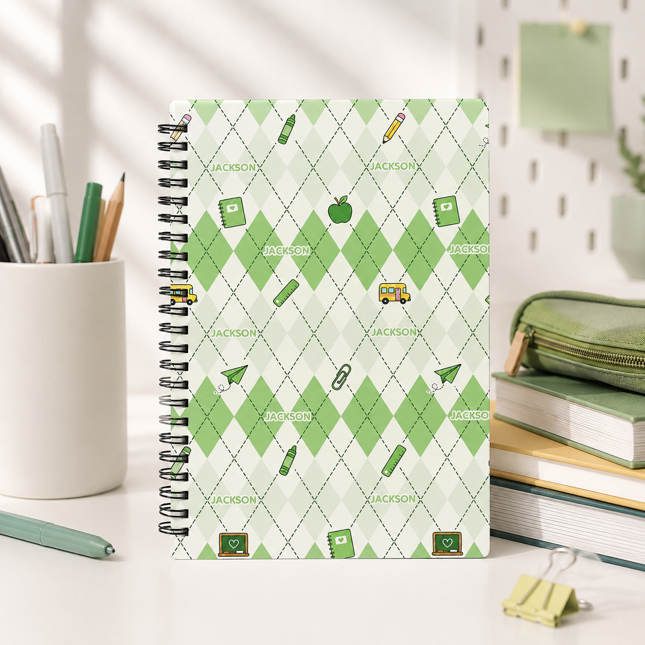 Personalized Pastel Argyle School Icons Pattern Pencils Books Apples Stars Hearts Back To School Spiral Notebook