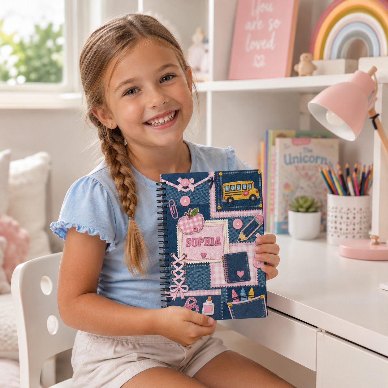 Personalized Denim Patchwork School Icons Pencils Bus Apple Hearts Stitched Pink Blue Back To School Spiral Notebook