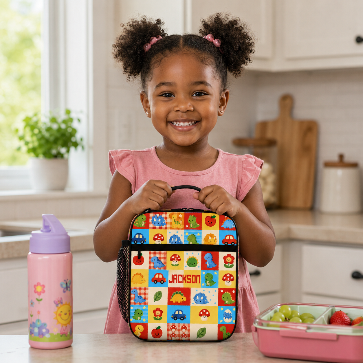 Personalized Bright Arcade Game Icons Pixel Monsters Joystick Retro Gamer Kids Name Colorful Blocks Pattern Insulated Lunch Bag