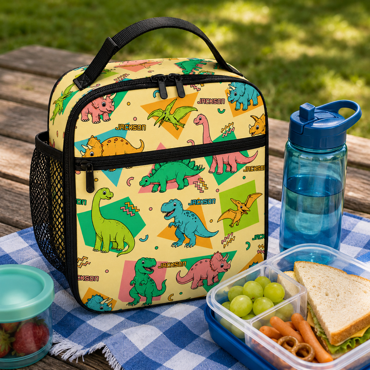 Personalized Colorful Cartoon Dinosaur Kids Back To School Insulated Reusable Snack And Meal Tote Box Lunch Bag