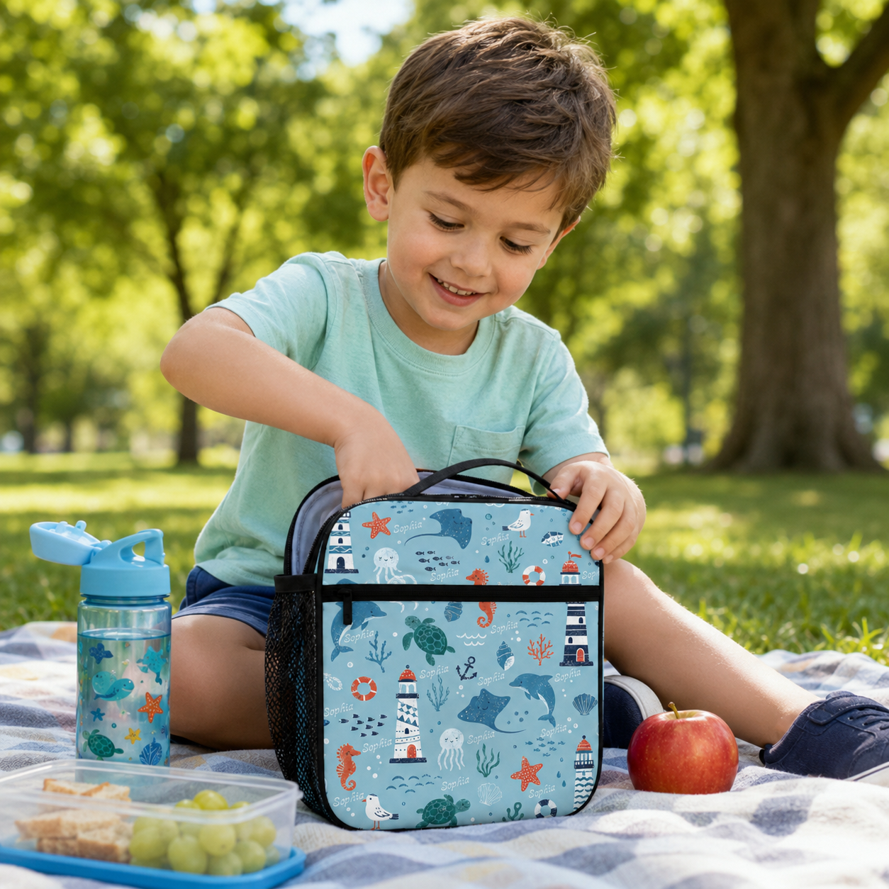 Personalized Under The Sea Ocean Shark Submarine Anchor Bubbles Blue Kids Insulated Back To School Lunch Bag
