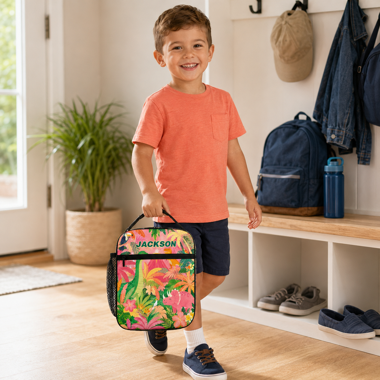 Personalized Tropical Jungle Palm Leaves Tiger Parrot Bright Colorful Kids Summer Vacation School Insulated Lunch Bag
