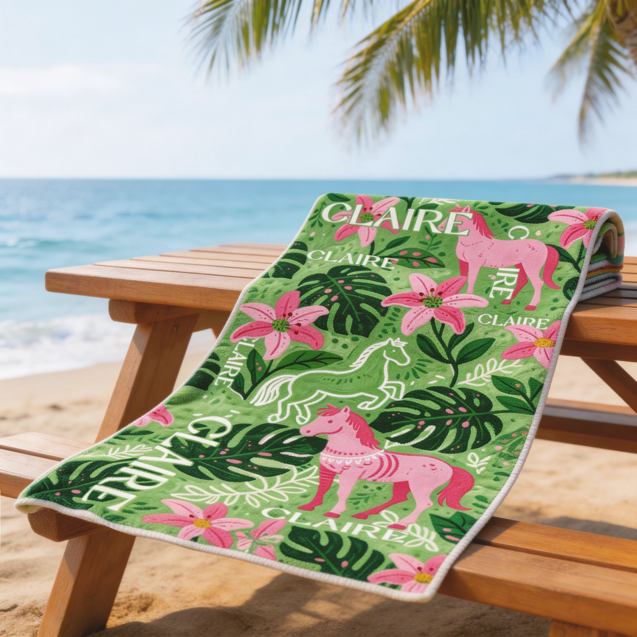 Personalized Tropical Horse Monstera Leaf Beach Towel Custom Name Beach Towel