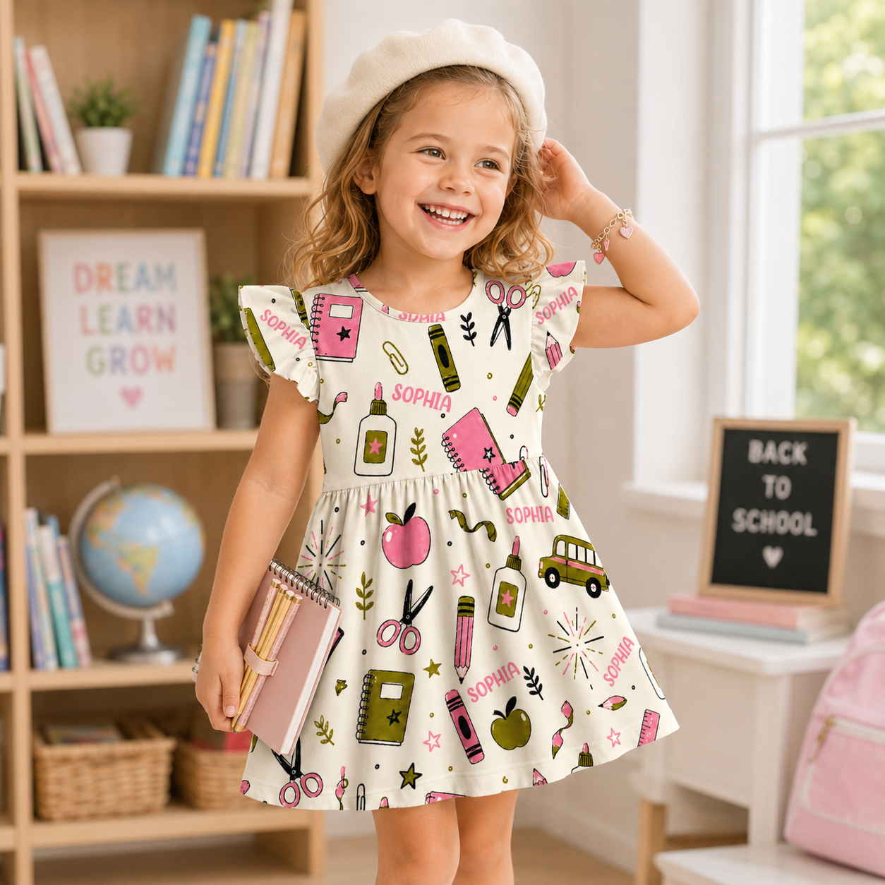 Personalized Back To School Classroom Buses Chalkboards Crayons Books Apples Teacher Student Print Coquette Ruffle Dress
