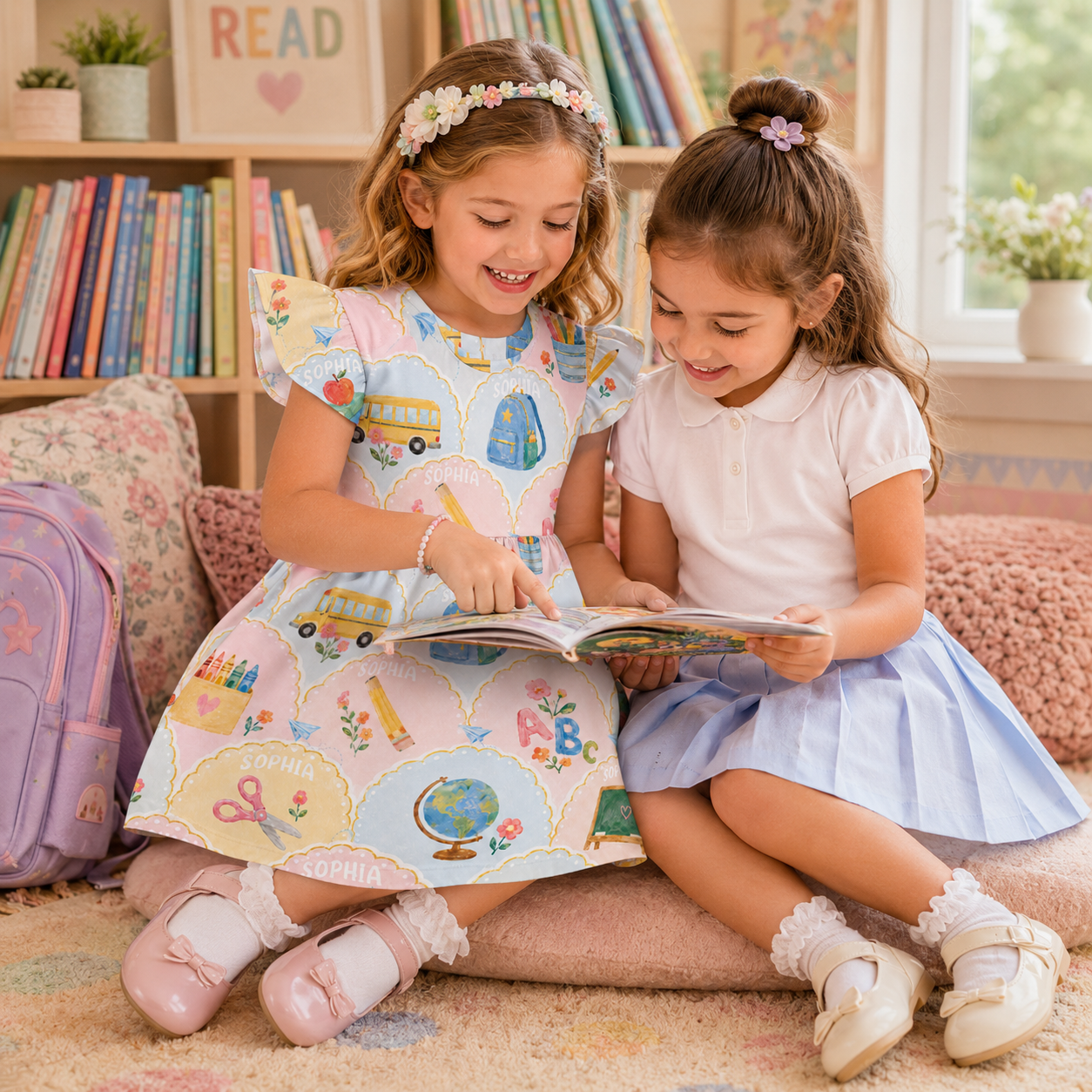 Personalized Whimsical Back To School Pastel Schoolhouses Buses Globes Books Crayons Classroom Print Coquette Ruffle Dress