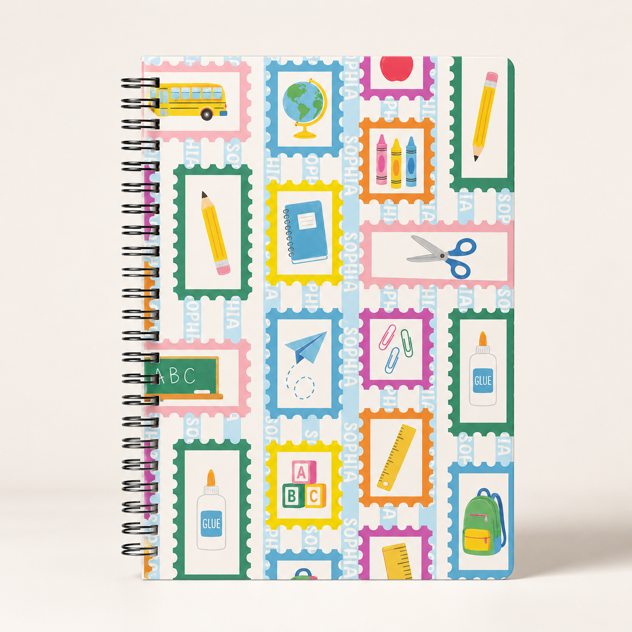 Personalized Colorful School Icons Pencils Books Apples Crayons Rainbow Back To School Kids Name Spiral Notebook