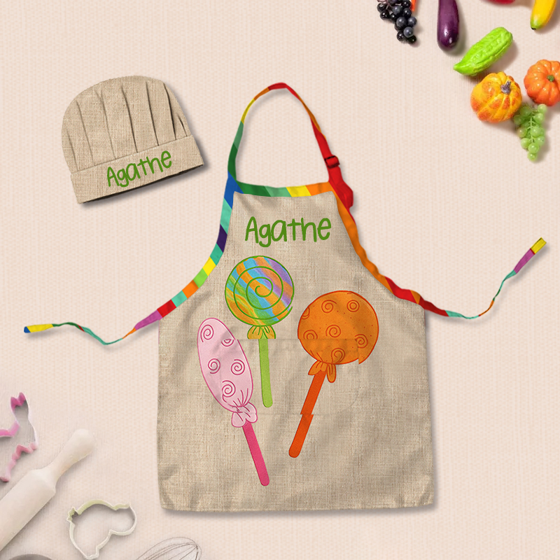 Personalized Colorful Lollipop Adjustable Kid Apron Chef Hat Set with Pocket and Name for Cooking Baking Birthday Holiday Gift for Kids