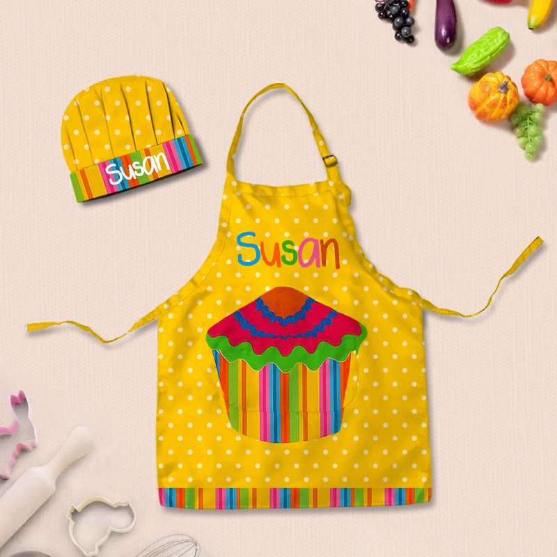 Personalized Colorful Polka Dot Cake Adjustable Kid Apron Chef Hat Set with Pocket and Name for Cooking Baking Birthday Holiday Gift for Kids