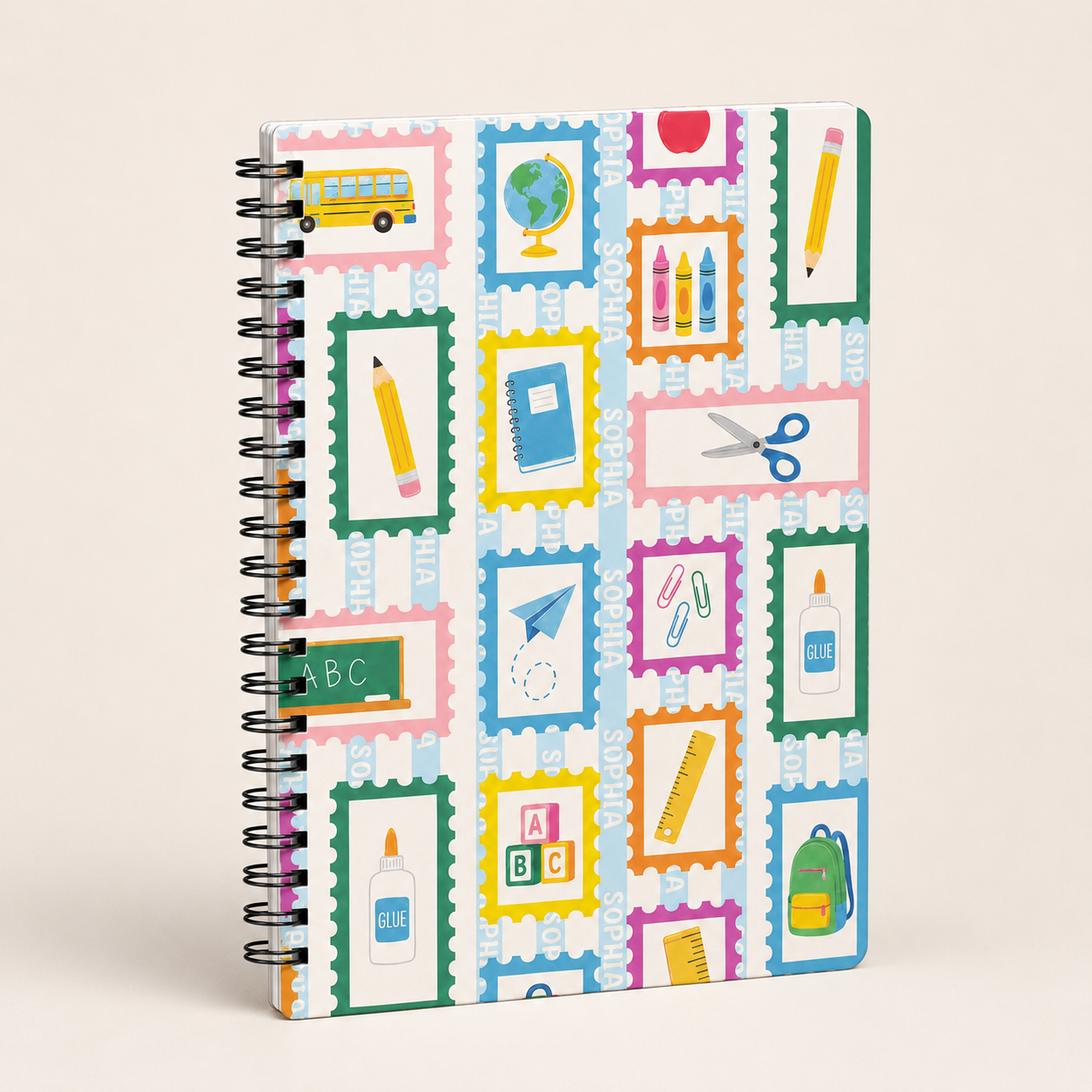 Personalized Colorful School Icons Pencils Books Apples Crayons Rainbow Back To School Kids Name Spiral Notebook