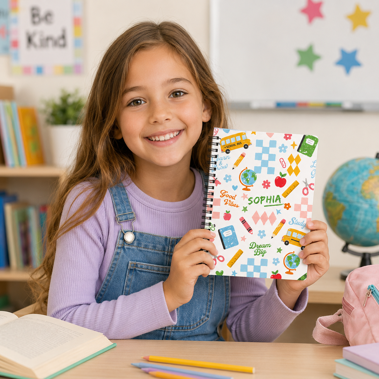 Personalized Cute School Doodles Hand Drawn Pencils Books Buses Hearts Stars Back To School Kids Spiral Notebook
