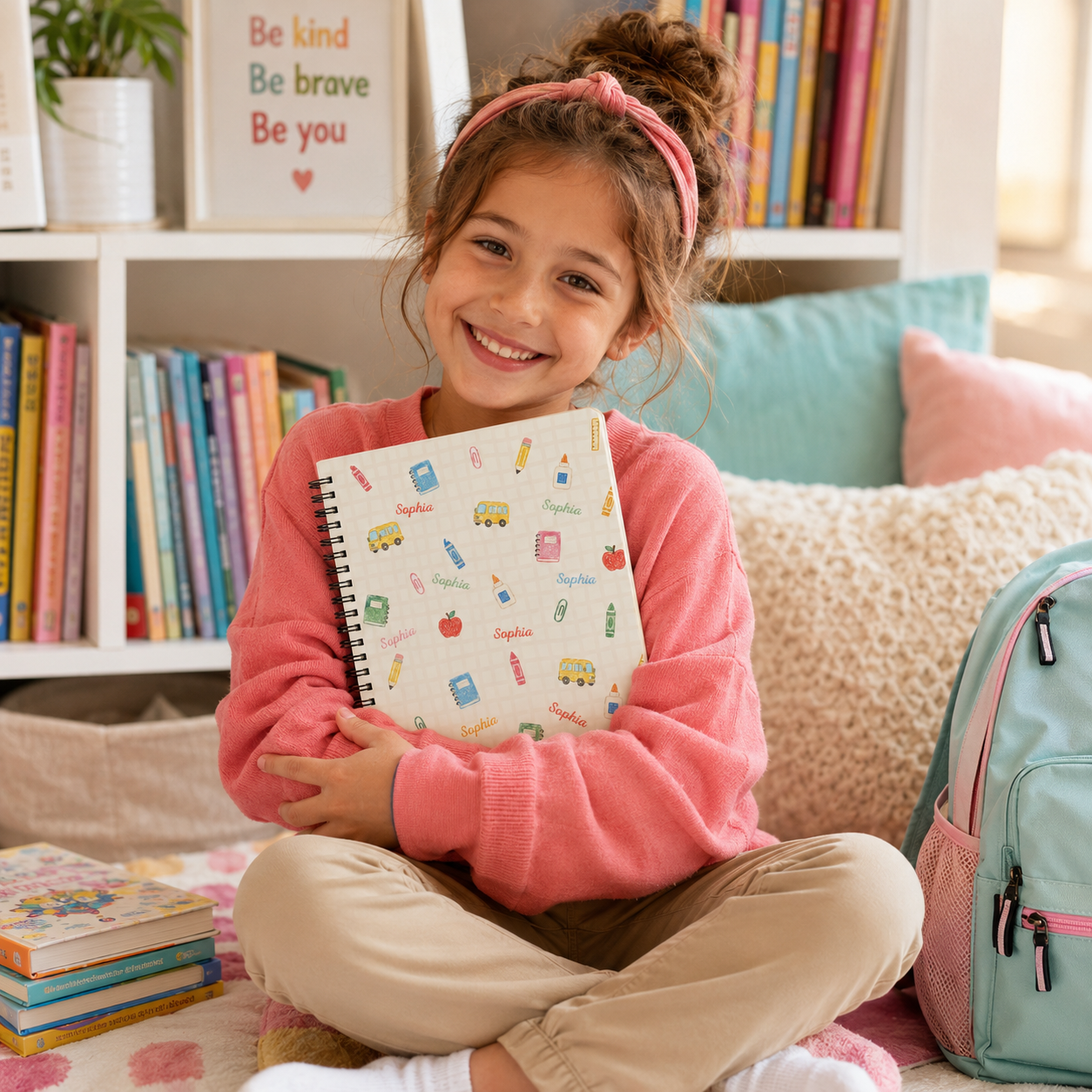 Personalized Pastel School Icons Doodles Pencils Books Apples Buses Stars Hearts Back To School Spiral Notebook