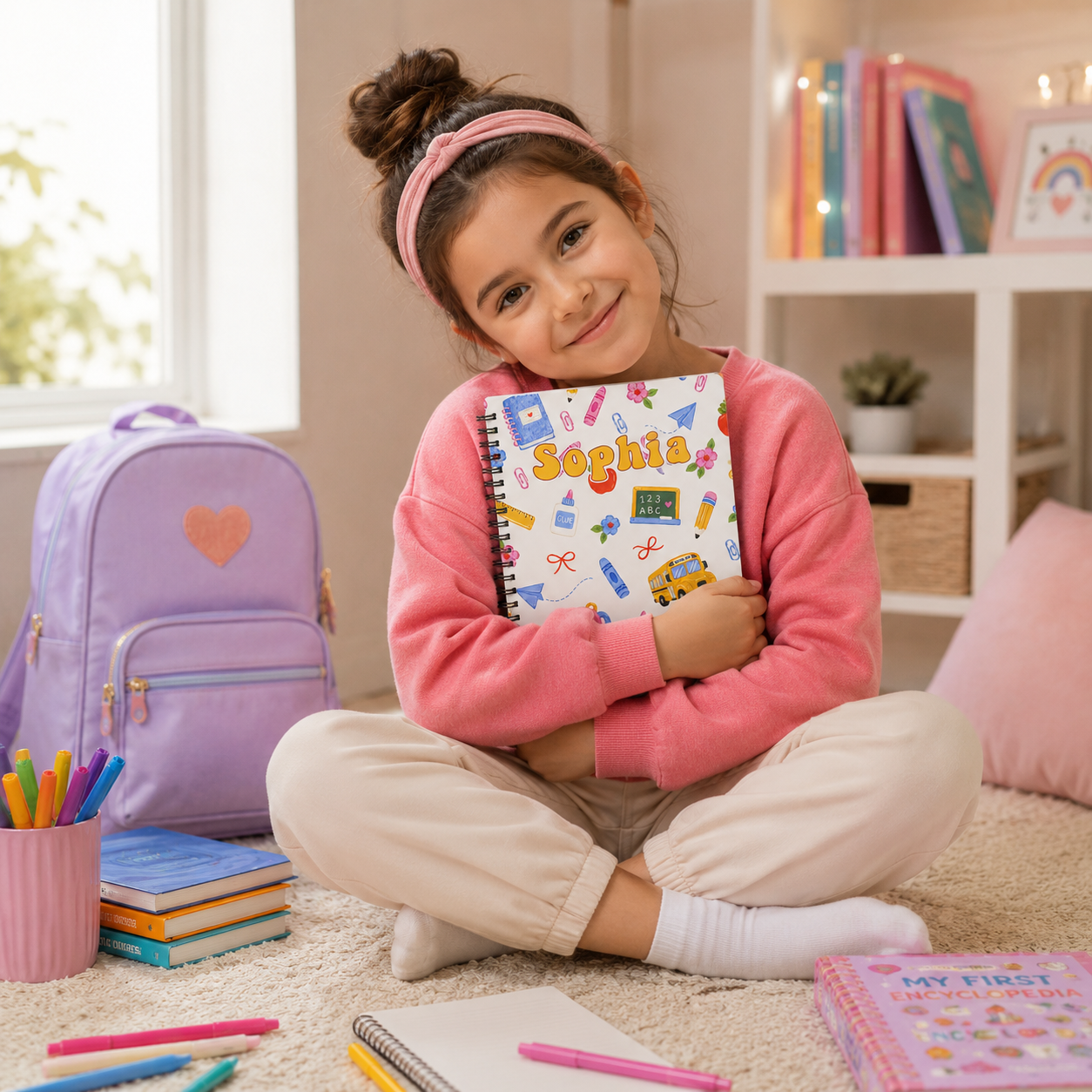 Personalized Cute Back To School Supplies Pastel Backpacks Pencils Chalkboard Bus Stars Kids Spiral Notebook