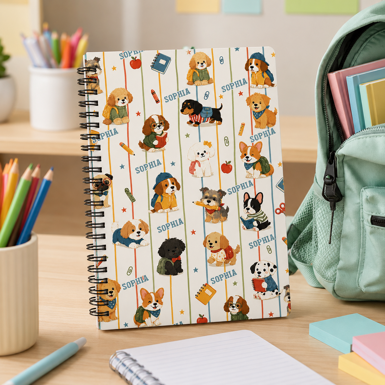 Personalized Cute School Dogs Pattern Backpacks Books Pencils Apples Hearts Back To School Kids Spiral Notebook