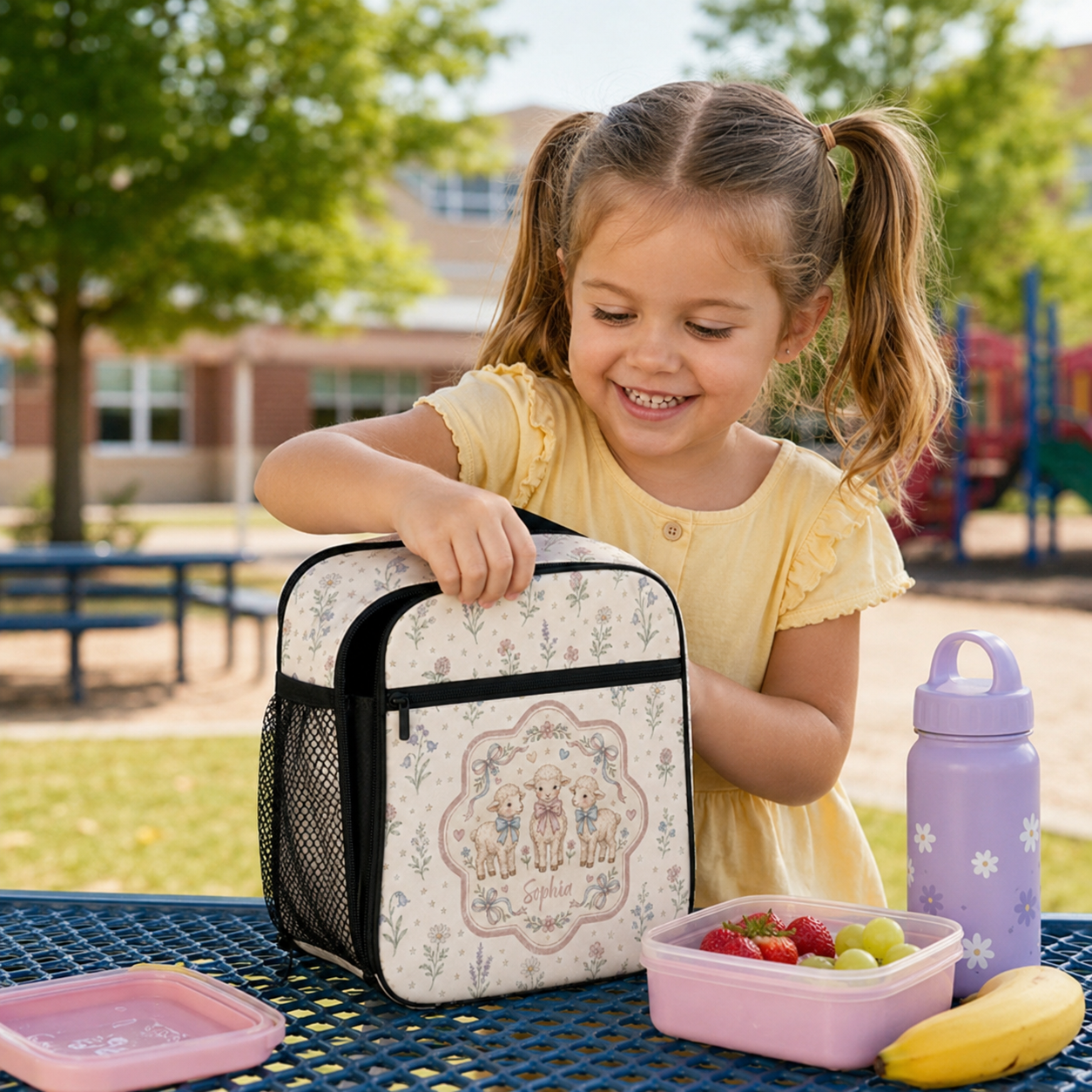 Personalized Cute Woodland Animals Floral Frame Pastel Nursery Style Kids Name Insulated Picnic School Lunch Bag