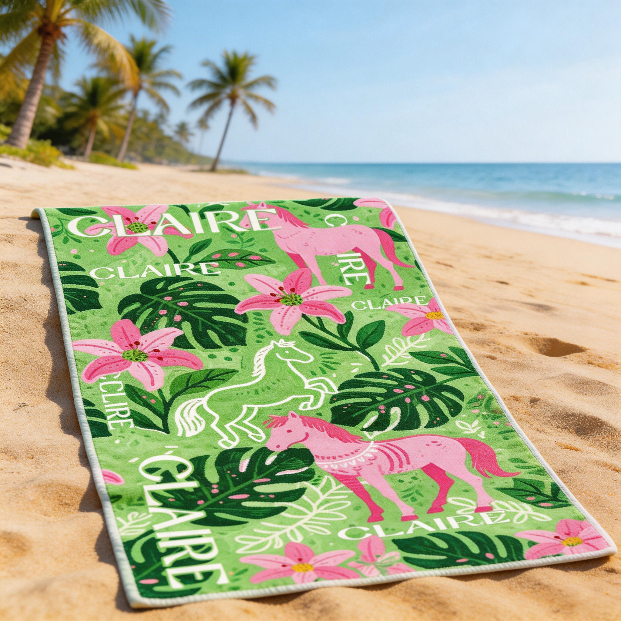 Personalized Tropical Horse Monstera Leaf Beach Towel Custom Name Beach Towel