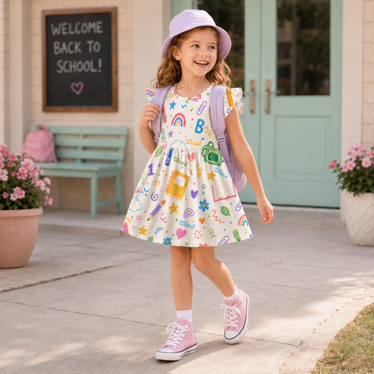 Personalized Colorful Back To School Classroom Icons Sisters Matching Book Pencil Crayon Bus Print Coquette Ruffle Dress